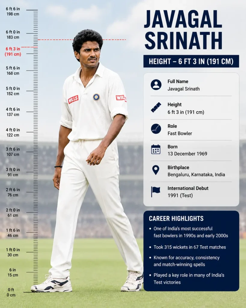 Javagal Srinath Height — 6 ft 3 in (191 cm)