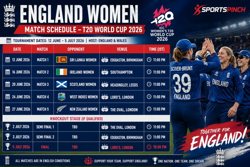 England Women Match Schedule – T20 World Cup 2026