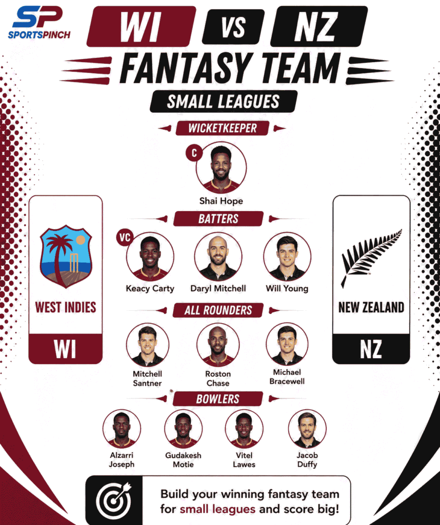 WI vs NZ 2nd ODI Fantasy Team (Small Leagues)