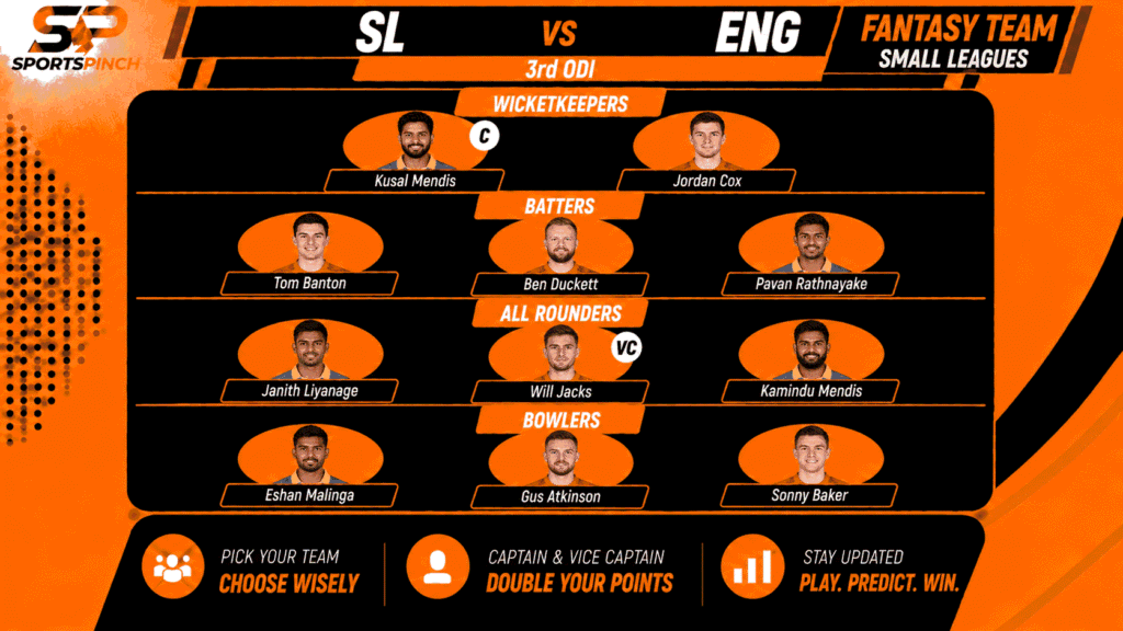 SL vs ENG 3rd ODI Fantasy Team: Small Leagues