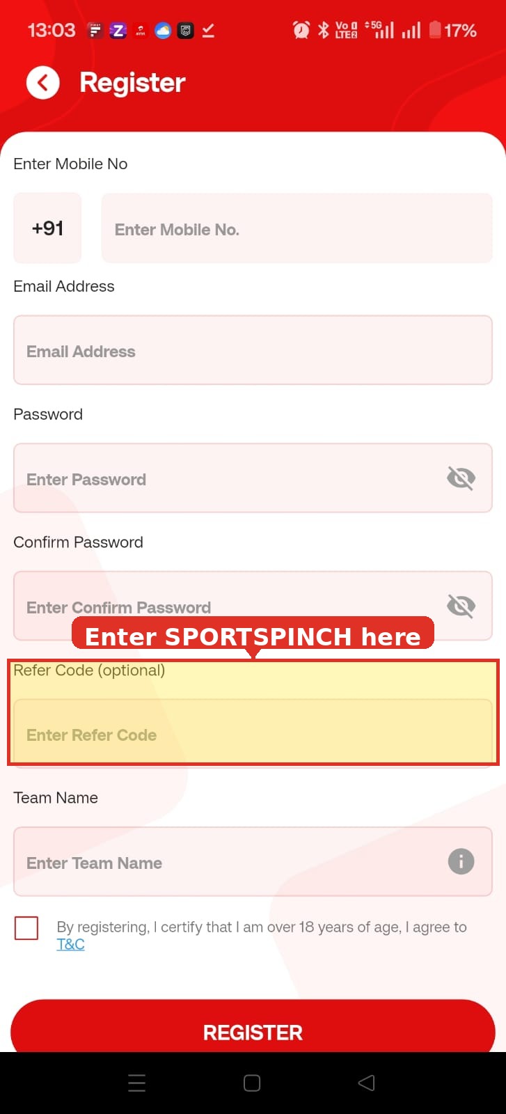 Where to enter the SPORTSPINCH refer code on the Daba Fantasy register screen
